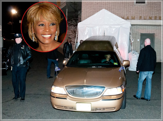 A hearse believed to be carrying the body of Whitney Houston arrives at a funeral home in Newark, NJ.