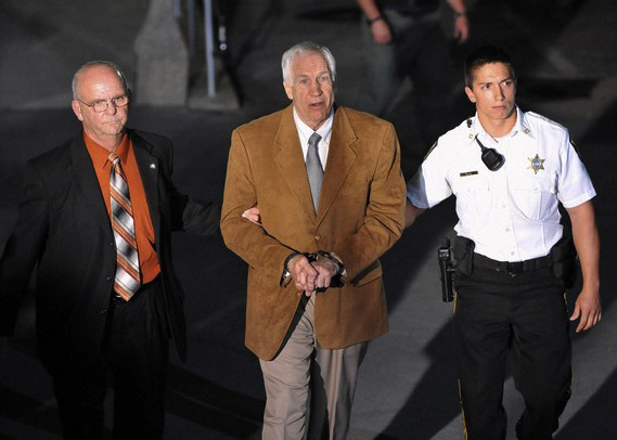 Former Penn State assistant football coach Sandusky leaves the Centre County Courthouse in Bellefonte